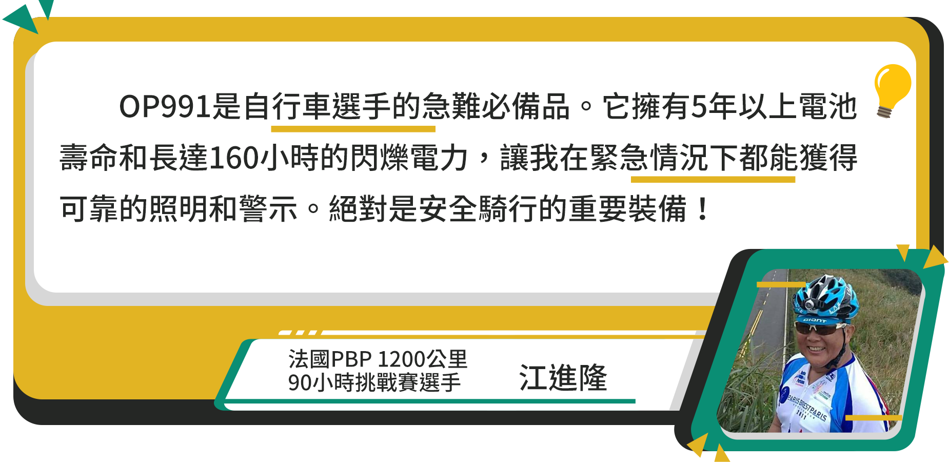 OP991是自行車選手的急難必備品。它擁有5年以上電池壽命和長達160小時的閃爍電力,讓我在緊急情況下都能獲得可靠的照明和警示。絕對是安全騎行的重要裝備!法國PBP 1200公里90小時挑戰賽選手江進隆 BREST 2011