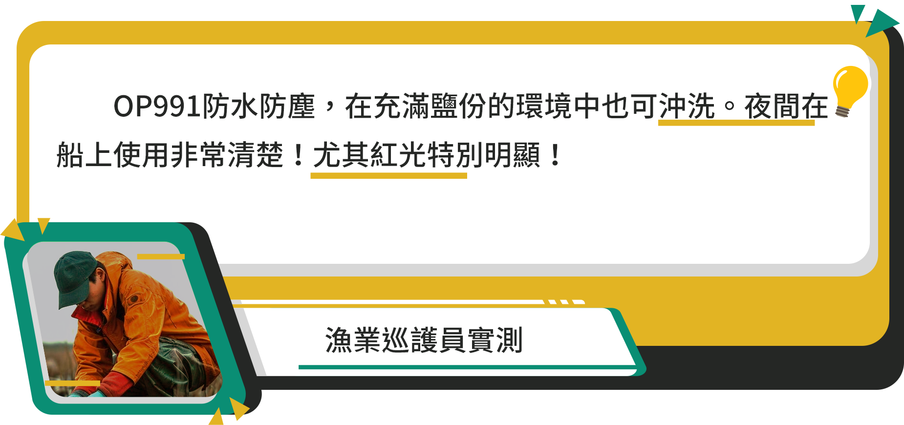 OP991防水防塵,在充滿鹽份的環境中也可沖洗。夜間在船上使用非常清楚!尤其紅光特別明顯!漁業巡護員實測